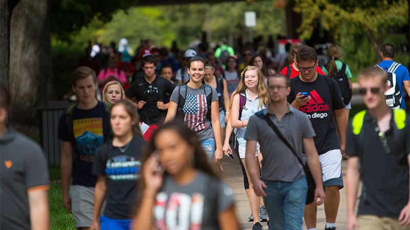 Group of students walking through campus