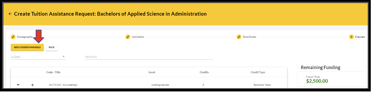 Create TAR screen with an arrow pointing to the "add courses manually" button to show how to add course that aren't listed.