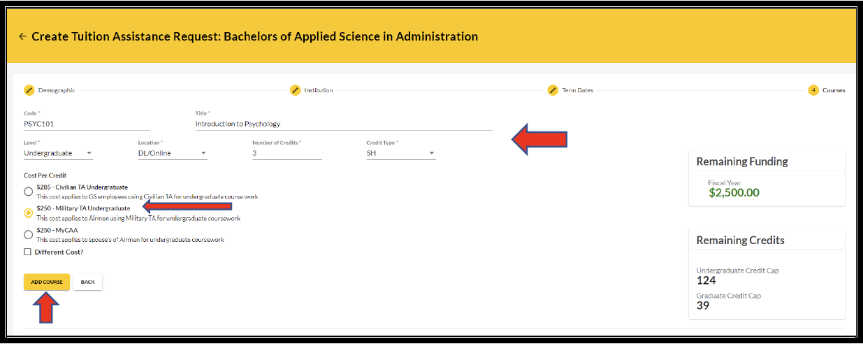 Create Tuition Assistance Request screen with arrows pointing to fields for course information to be added and cost per credit options to select and an arrow pointing to the "add course" button.