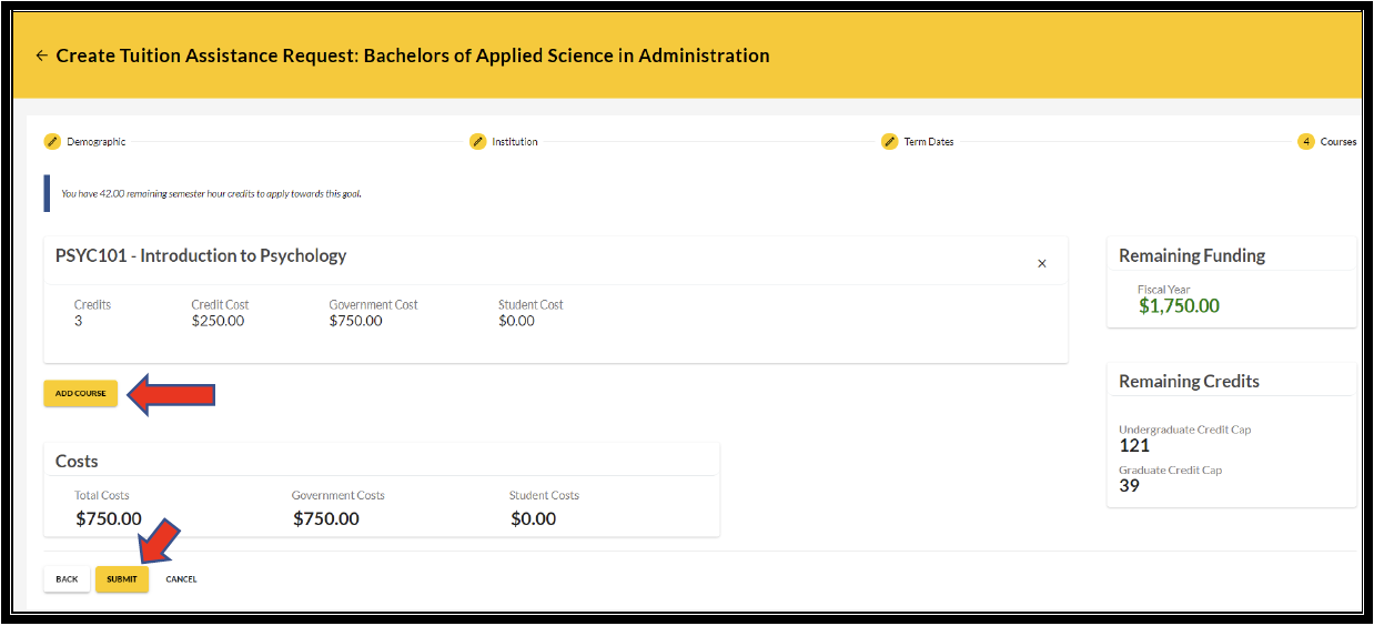 Create Tuition Assistance Request screen showing and arrow pointing to the "add course" button to add another course and the "submit" button.