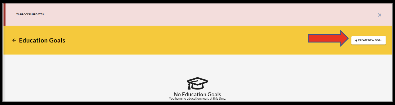 TA Process updates. Yellow banner with "Education Goals," red arrow pointing to "Create New Goals" button