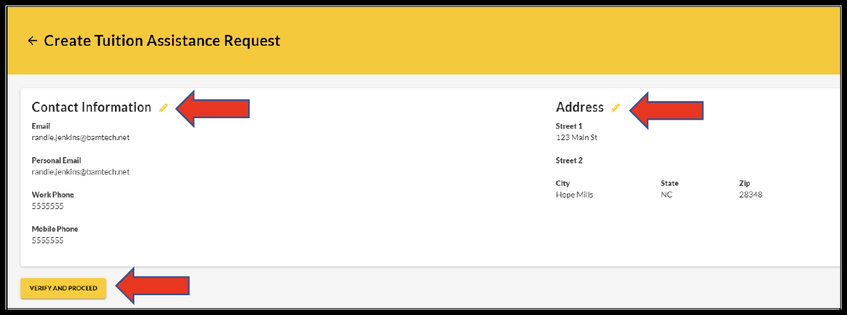 create tuition assistance request screen with red arrows pointing to contact information, address details, and the verify and proceed button.