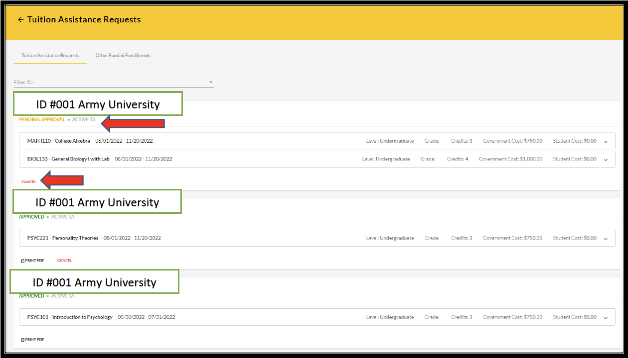 Tuition assistance request screen showing three options with an arrow pointing to pending approval and cancel, followed by the print PDF option for "ID #001 Army University".