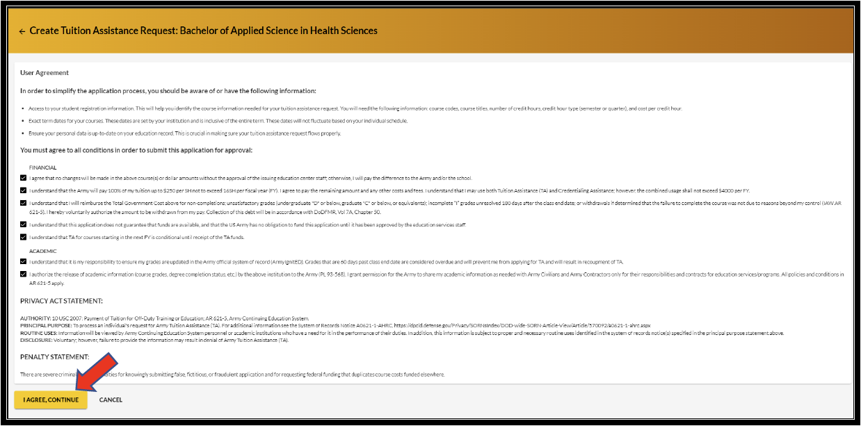 Create TAR screen with user agreement, privacy statement and penalty statement also a red arrow pointing to the "I Agree Continue" button.