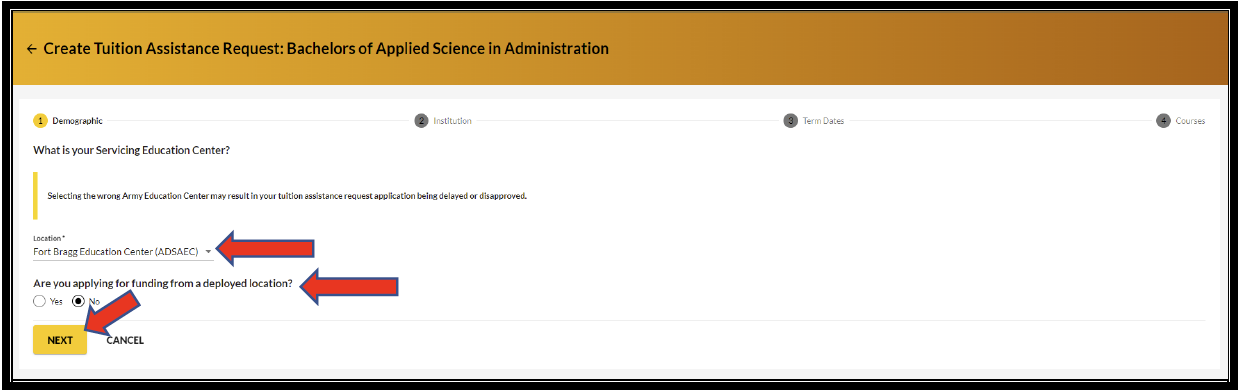 Create TAR screen with an arrow pointing to the location selected in the dropdown, an arrow pointing to No selected under Are you applying for funding from a deployed location, and an arrow pointing to the Next button. 