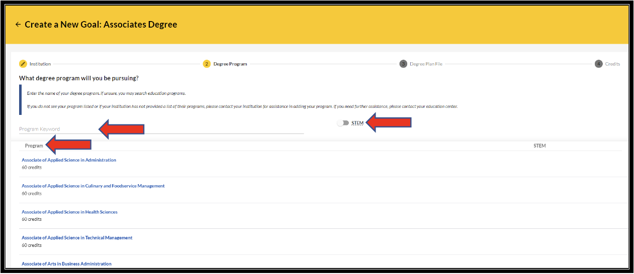 Create a New Goal screen for selecting an associate degree and program type with STEM option highlighted.