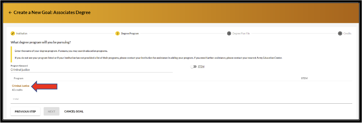 Create a New Goal screen with arrow pointing to selected program.