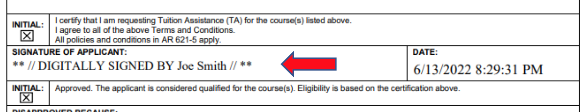 Red arrow pointing to a digitally signed name, "Joe Smith," with a date of 6/13/2022 8:29:31 PM.