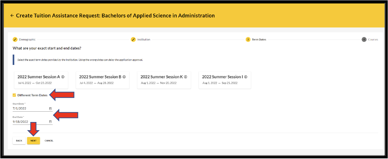 Create TAR screen with arrows pointing to fields for selecting a start and end date with the "different term dates" option selected and an arrow pointing at the next button.