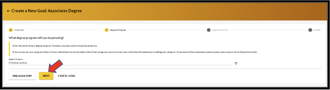 Create a New Goal screen with arrow pointing to the option to upload a file, "choose file button" under Supporting documentation (optional) and an arrow pointing to the other option to check the box next to "no degree plan file". An arrow points to the "Next" button.