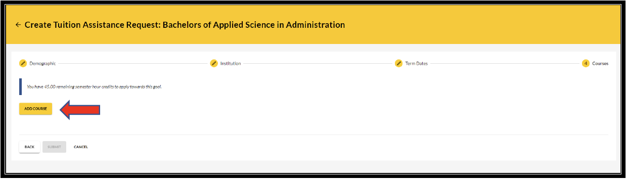 Create TAR screen with an arrow pointing to the add course button.