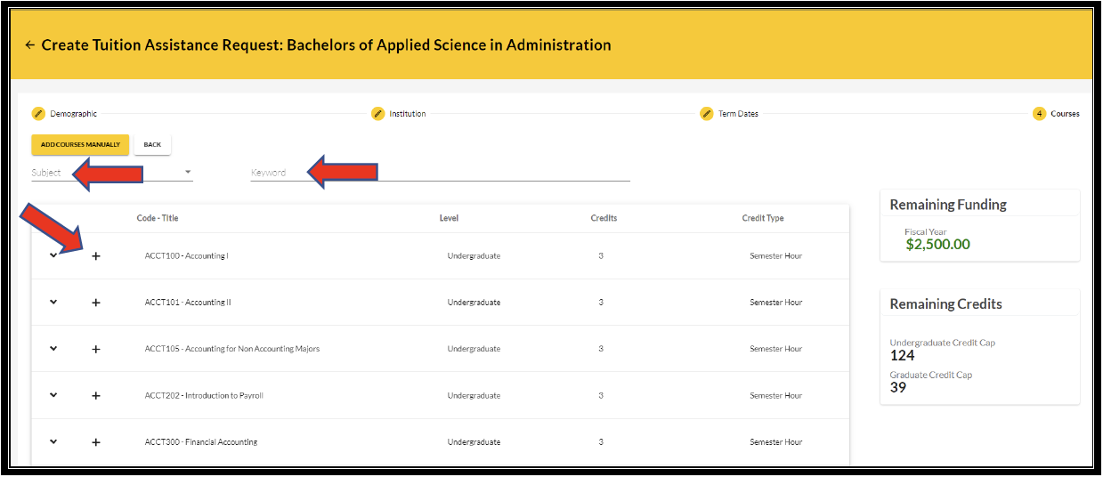 Create TAR screen with arrows pointing to subject and keyword filter options above a listing of course and an arrow pointing to the + next to a course to show how to select it.