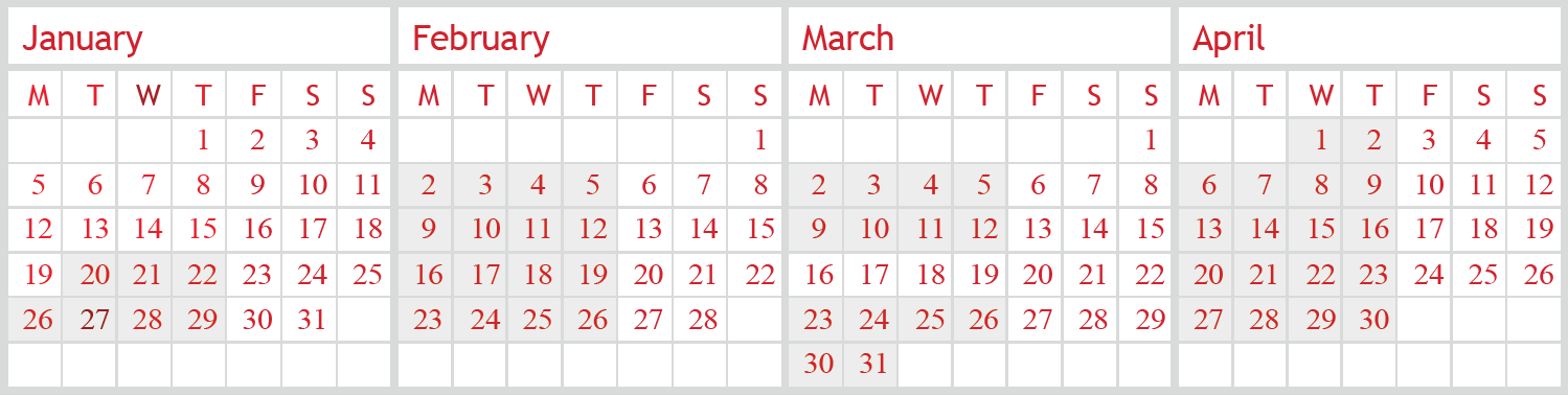 Calendar showing months January to April in rows with days labeled Monday to Sunday.
