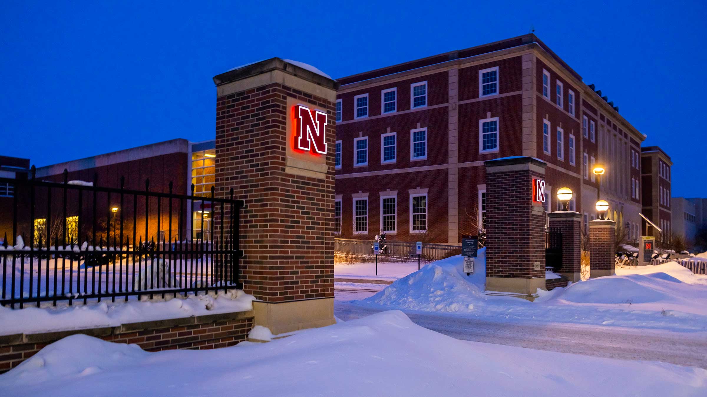 UNL gateway at night with snow