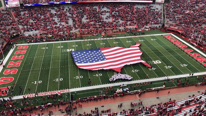 American flag on memorial stadium field